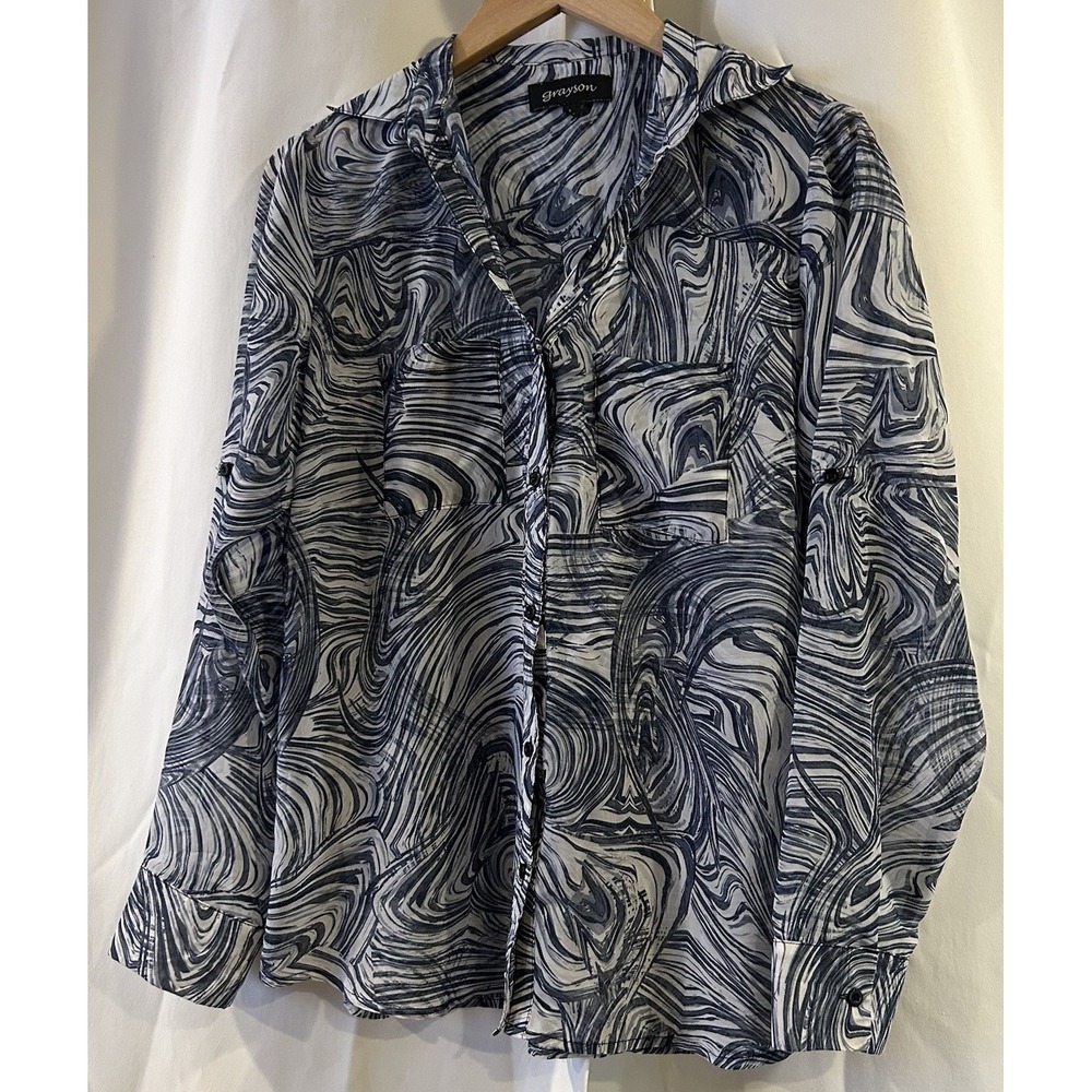 Grayson Women's Long Sleeve Button Up Blouse Size Large Gray Blue Swirl Sheer - Picture 2 of 6